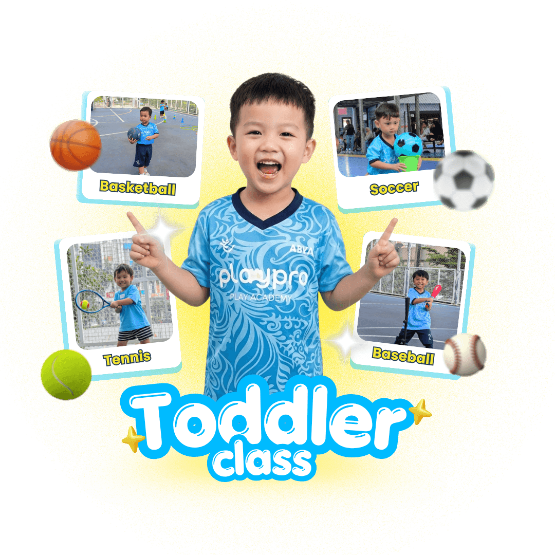 Ilustrasi anak toddler sedang berlatih olahraga di PlayPro Academy
